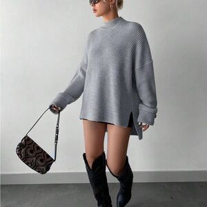 Cozy Mock High Neck Long Sleeve Slit Hi Low Hem Knit Sweater